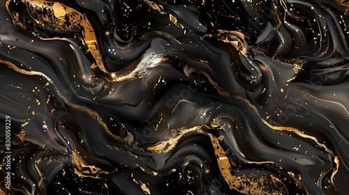 Abstract black and gold marble texture with fluid and wavy patterns