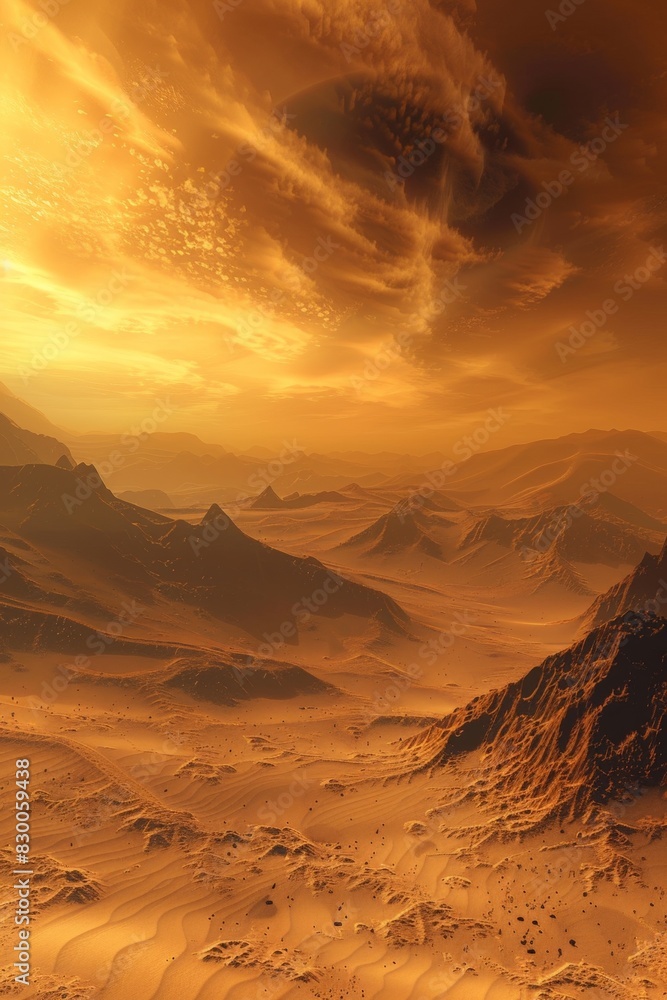 Naklejka premium A desert landscape with a large mountain in the background