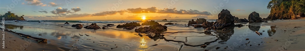 A beautiful beach with rock formations and tide pools, with the setting sun reflecting off the water. The tropical setting creates a stunning backdrop for a summer vacation. A beautiful beach with rock formations and tide pools, with the setting sun reflecting off the water. The tropical setting creates a stunning backdrop for a summer vacation.