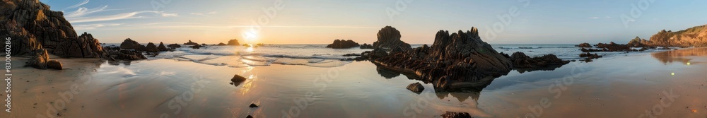A beautiful beach with rock formations and tide pools, with the setting sun reflecting off the water. The tropical setting creates a stunning backdrop for a summer vacation.