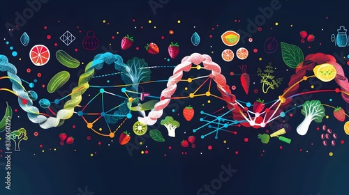 Nutrigenomics Personalized Nutrition Insights Through DNA Strands and Food Icons photo