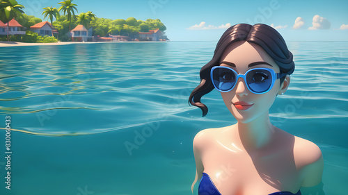 Beautiful woman swimming in the sea on vacation, 3d modern cartoon, Generative AI