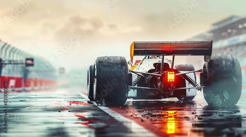 Rear view of a classic F1 car, watercolor painting, soft blending of colors, hazy race track, splashes of vibrant reds and yellows, nostalgic and dynamic atmosphere