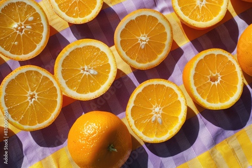 A collection of sliced oranges arranged on a purples tripe-yellow tablecloth