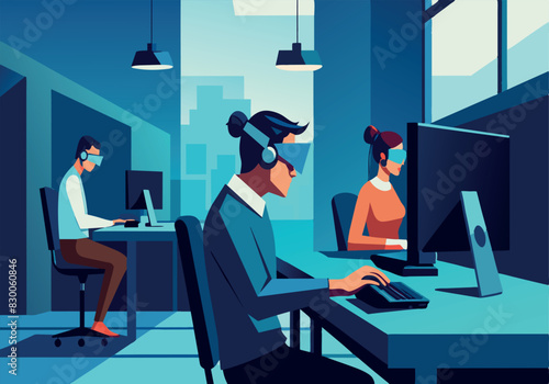 Three people are working in a cubicle with a computer monitor in front of them