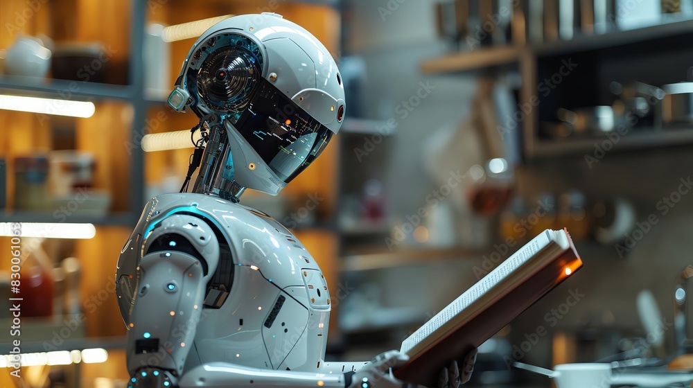 Fototapeta premium Robot reading a cookbook and preparing recipes Selective focus on the robot as it reads and cooks simultaneously