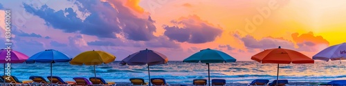 A beach with colorful umbrellas and lounge chairs set up for vacationers  facing the ocean as the sun sets. The tropical setting and the beautiful sunset create an inviting scene.