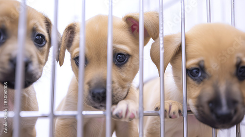 Sad Look of Puppies in an Animal Shelter Behi, dog in a cage