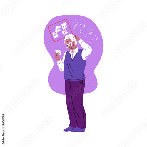 Elderly confused man reads notes and trying remember, memory loss, Alzheimer disease vector character, amnesia dementia