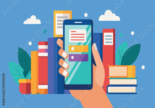 A hand holding a cell phone with a book on the screen