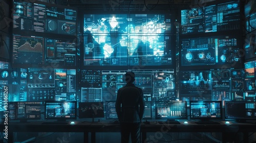 Cybersecurity Defense:a scene of a cybersecurity expert monitoring multiple screens filled with data, code,