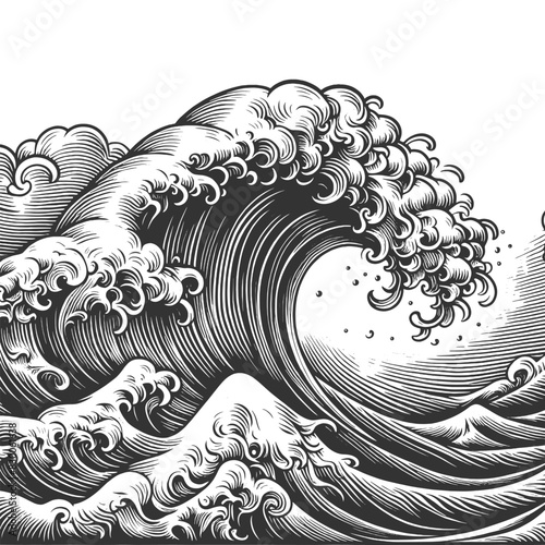 stylized ocean wave with ornate, swirling patterns, capturing the power and beauty of the sea sketch engraving generative ai vector illustration. Scratch board imitation. Black and white image.