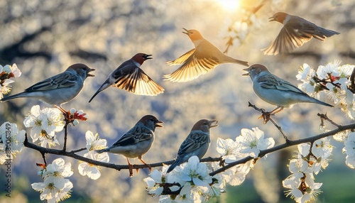 Nature's Melody: Birds and Blossoms in Spring Sunlight