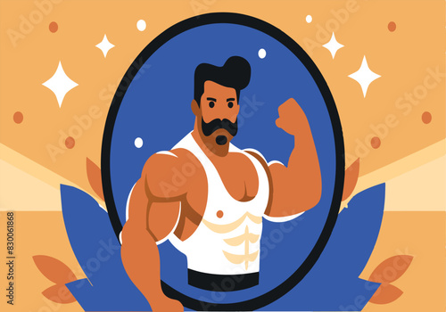 A man with a mustache and a muscular build is shown in a blue circle