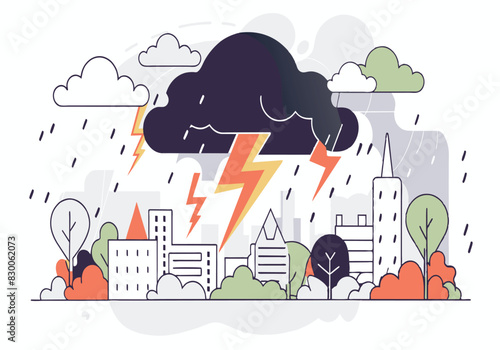 A cartoon drawing of a city with a storm cloud and lightning