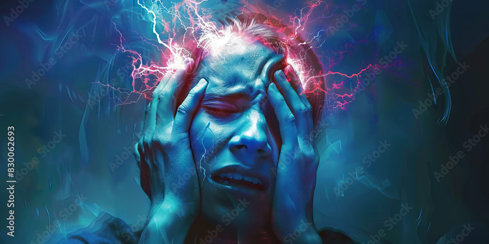 Migraine Misery: The Throbbing Agony of a Severe Headache - Visualize a scene where a migraine headache causes intense, throbbing pain, often accompanied by nausea and sensitivity to light and sound Migraine Misery: The Throbbing Agony of a Severe Headache - Visualize a scene where a migraine headache causes intense, throbbing pain, often accompanied by nausea and sensitivity to light and sound