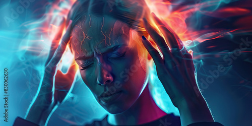 Migraine Misery: The Throbbing Agony of a Severe Headache - Visualize a scene where a migraine headache causes intense, throbbing pain, often accompanied by nausea and sensitivity to light and sound