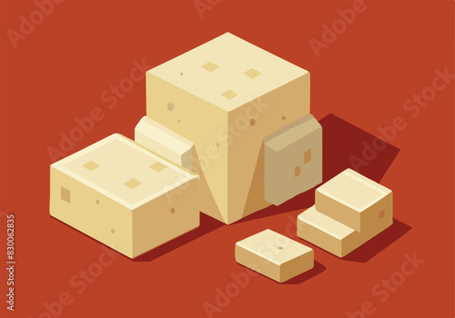 A close up of a block of cheese with a red background