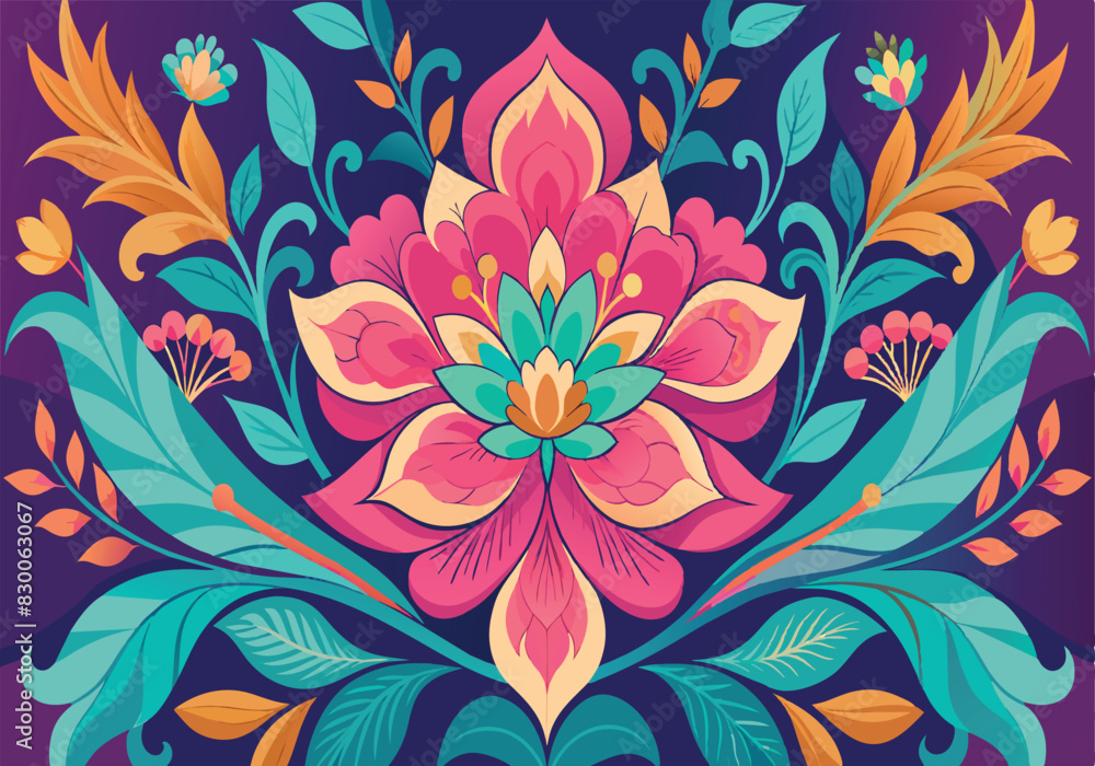 A colorful flower with green leaves and pink petals