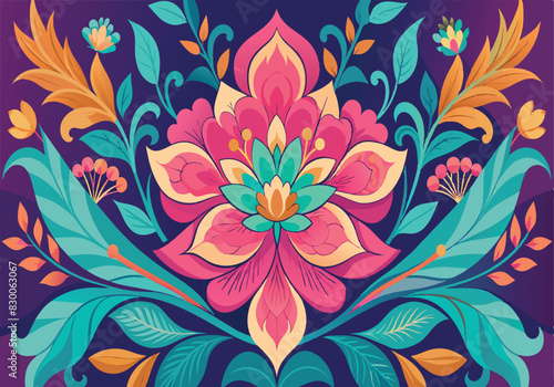 A colorful flower with green leaves and pink petals