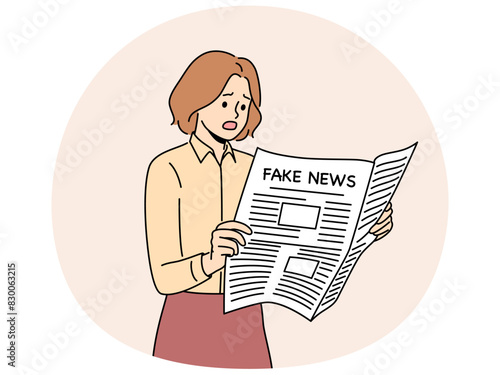 Newspaper with fake news in hands of woman reading false information from reporters using propaganda techniques to intimidate readers. Girl with newspaper with fake news frightened opens mouth
