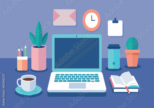 A laptop is on a desk with a cup of coffee, a book, and a potted plant