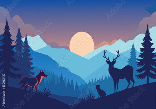A mountain range with a deer and a cat in the foreground