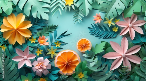 A colorful paper flower garden with a large orange flower in the center