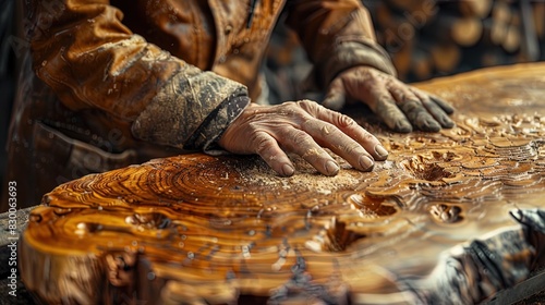 A man is working on a wooden table, sanding it down and polishing it