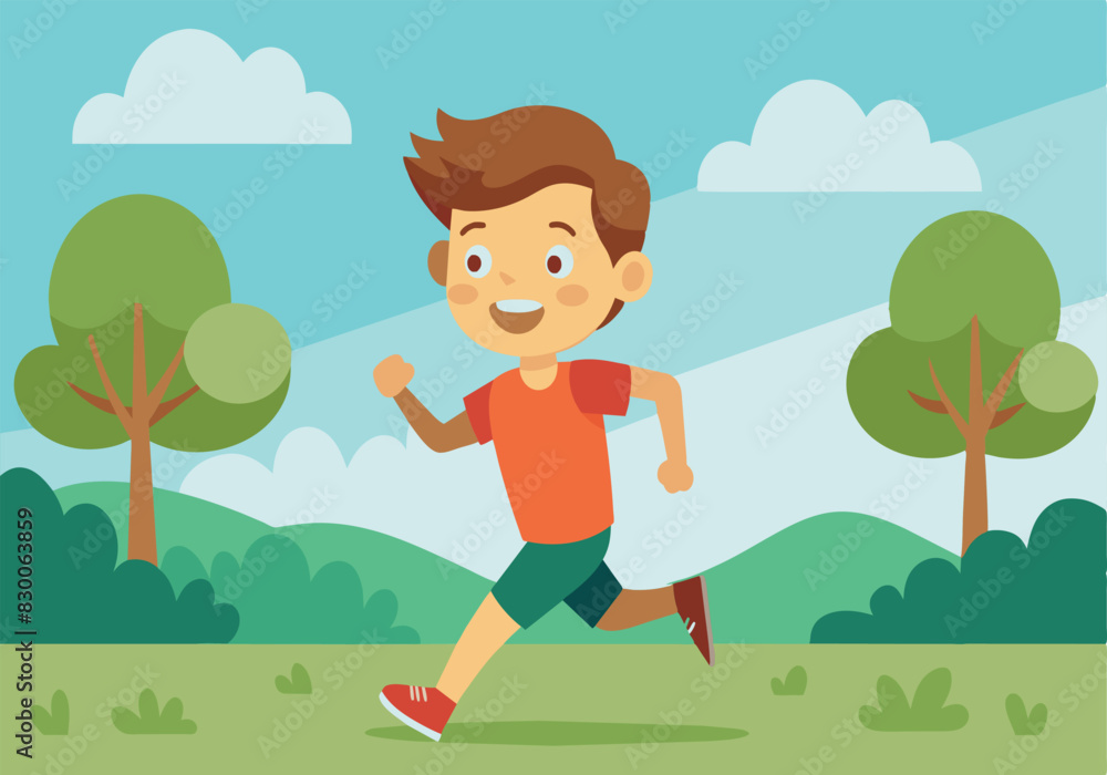 A boy is running in a park with trees in the background