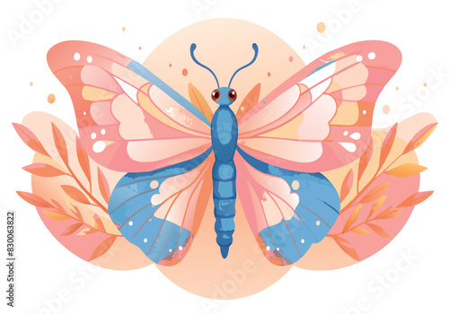 A butterfly with blue wings and pink body is sitting on a leaf