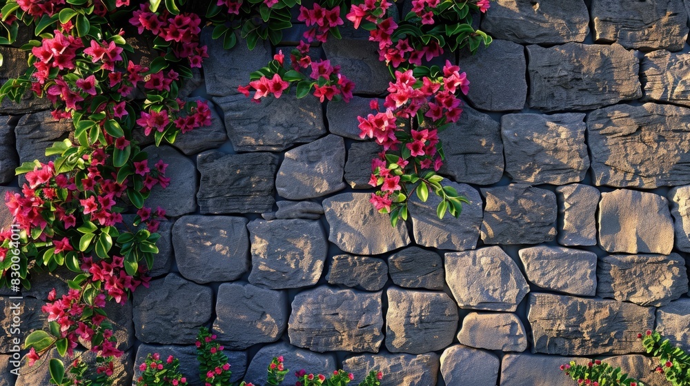climbing plants blooming near a brick wall, their lush green leaves and vibrant pink flowers adding a touch of life and color to the grey stone backdrop of the garden landscape. climbing plants blooming near a brick wall, their lush green leaves and vibrant pink flowers adding a touch of life and color to the grey stone backdrop of the garden landscape.