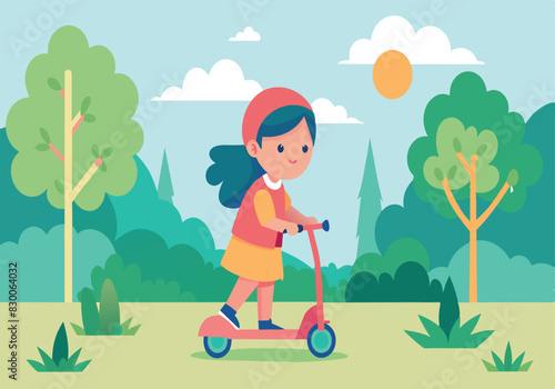 A girl is riding a scooter in a park