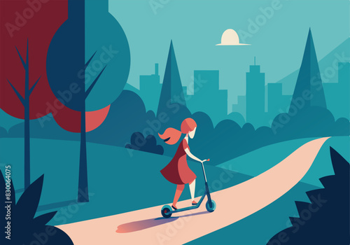 A girl riding a scooter in a park