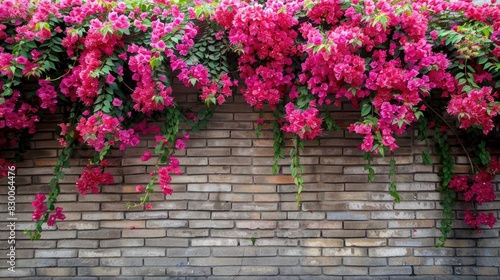 climbing plants blooming near a brick wall  their lush green leaves and vibrant pink flowers adding a touch of life and color to the grey stone backdrop of the garden landscape.