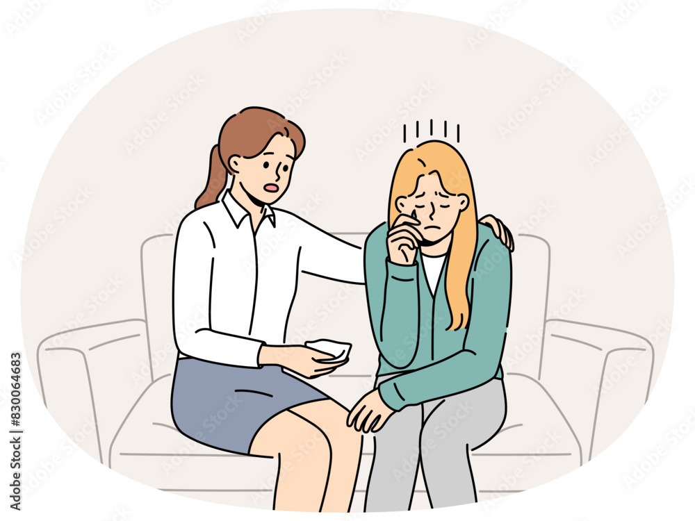Crying woman at reception of psychologist consoling patient sitting on couch and experiencing stress. Girl sobs in psychologist office after being fired or having problems in personal life Crying woman at reception of psychologist consoling patient sitting on couch and experiencing stress. Girl sobs in psychologist office after being fired or having problems in personal life