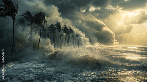Heavy wind, hurricane in tropics, rain on coastline photo