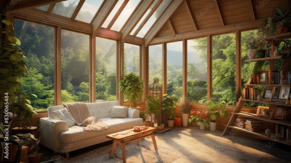 Fototapeta premium Green and environmentally friendly housing concept. Miniature wooden house in spring grass, moss and ferns on a sunny day. Eco house. AI generated image