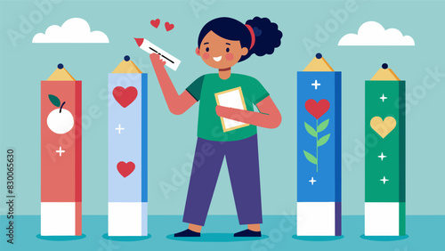 A student using their artistic skills to create personalized bookmarks for each of their teachers adding a heartfelt message on the back.. Vector illustration