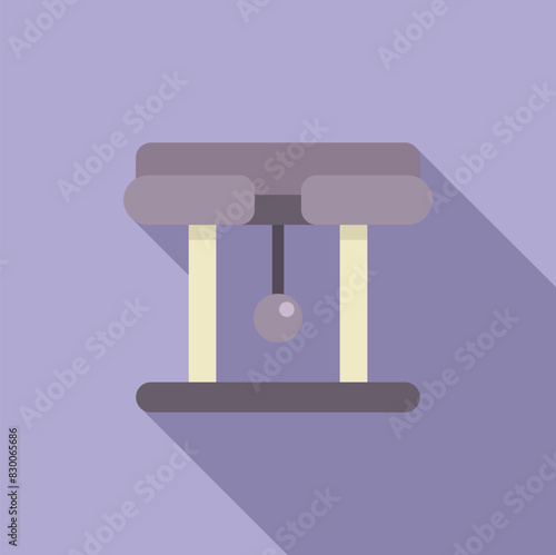 Flat design icon of a newton's cradle on a purple background, symbolizing momentum and physics