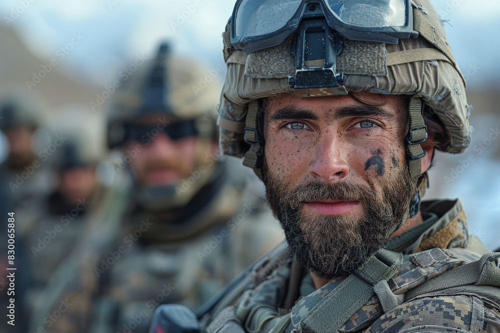 A uniformed soldier with modern military gear; face is blurred out for anonymity A uniformed soldier with modern military gear; face is blurred out for anonymity