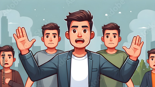 Fearful man raised his hands in protest, cartoon modern illustration, flat icon, Generative AI