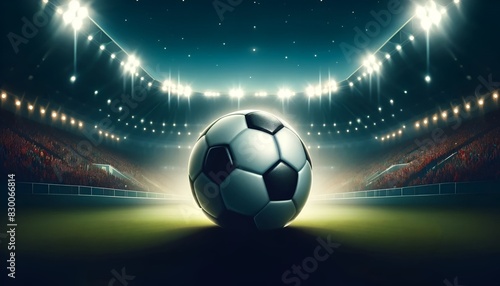Poster of a soccer scene with a soccer ball on stadium.