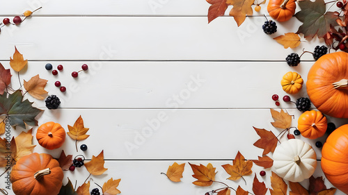 Festive autumn decor from pumpkins  berries and leaves on a white wooden background. Thanksgiving or Halloween Concept. Flat lay autumn composition with copy space. Generative AI