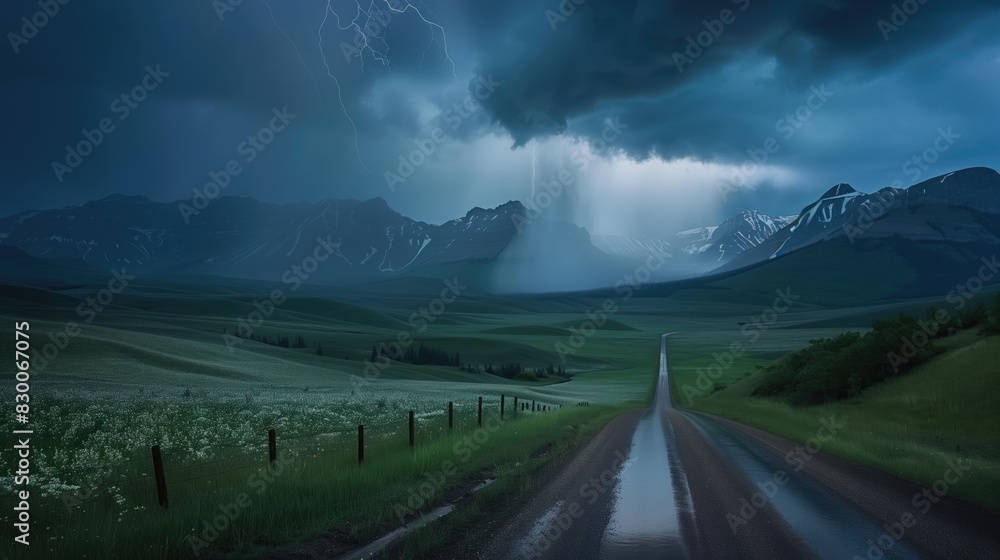 Empty rural road in the mountains with thunderstorm and lightning