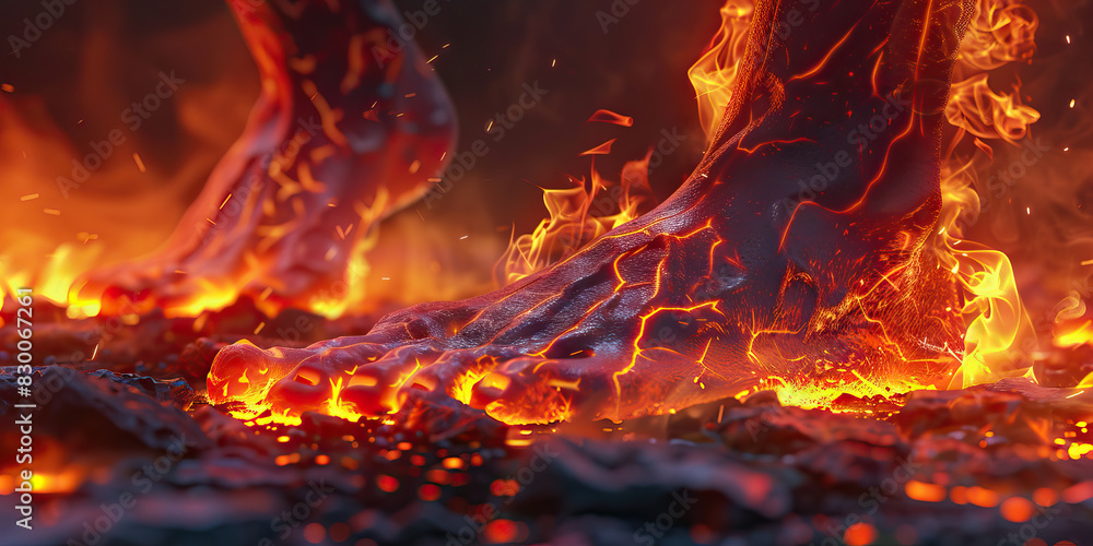 Foot Pain: The Aching, Burning Sensation of Sore Feet - Visualize a scene where the feet ache and burn, with every step feeling like walking on hot coals Foot Pain: The Aching, Burning Sensation of Sore Feet - Visualize a scene where the feet ache and burn, with every step feeling like walking on hot coals