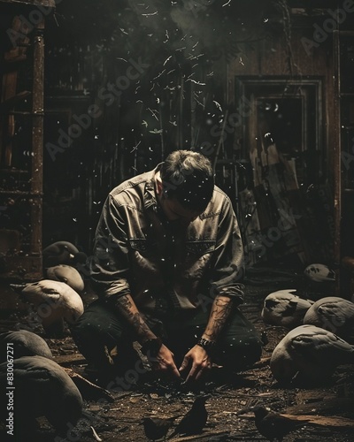 A man is kneeling in a dark barn surrounded by dead pigeons.