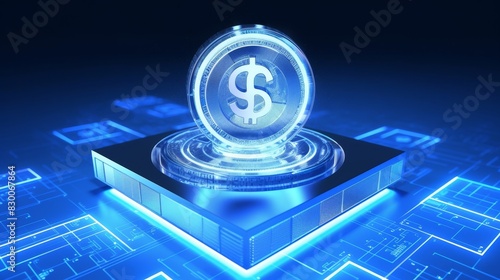 a dollar sign podium holographic neo blue glow investment stock market wealth.