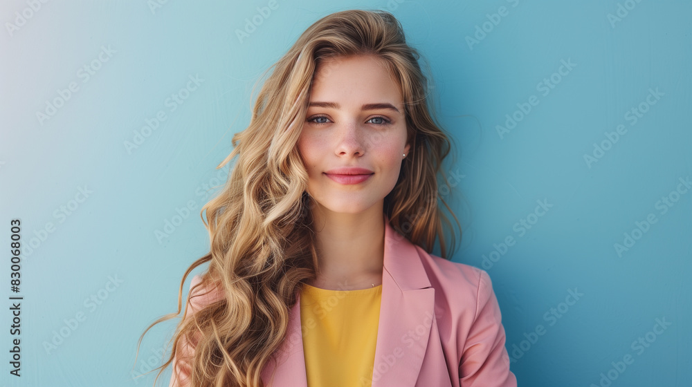 Fototapeta premium Stylish Woman with Long Blonde Hair in Fashionable Outfit