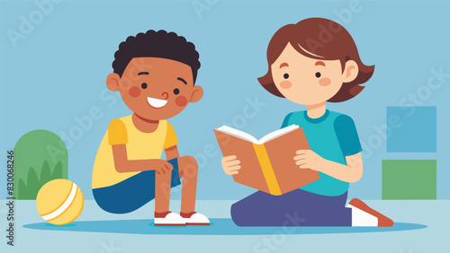 As they walk around the school track for PE a fifthgrade student reads a book aloud to their firstgrade buddy making exercise more enjoyable and educational.. Vector illustration